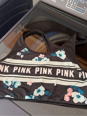 PINK Victoria's Secret Floral Stripe Sports Bra in Black, White, Teal, Pale Pink